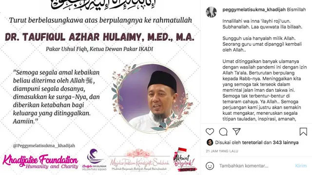 Berduka, Peggy Melati Sukma Kehilangan Sosok Ulama yang Dikaguminya