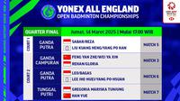 Saksikan siaran langsung BWF Yonex All England Open Badminton Championship 2025 quarter final di Vidio. Dukung para atlet Indonesia di quarter final Yonex All England Open Badminton Championship 2025 hanya di layanan OTT Vidio. (sum. doc. vidio.com)
