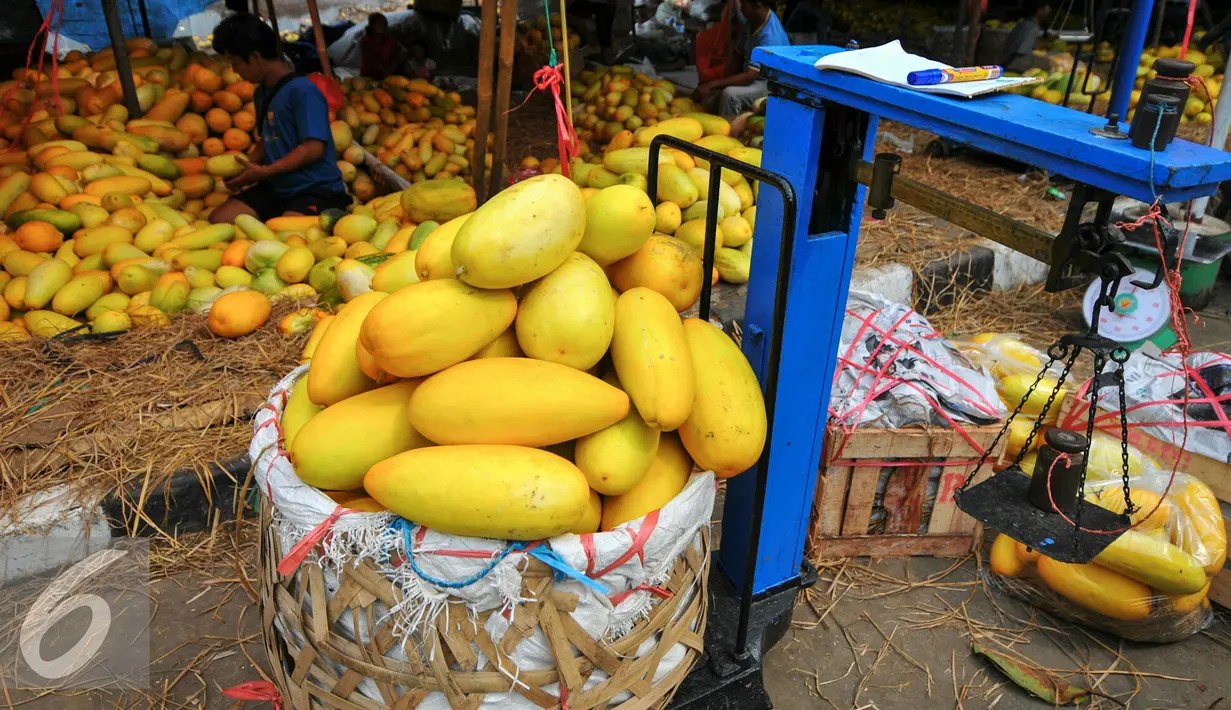 Pedagang menimbang timun suri yang akan dijual kepada pembeli di Pasar Kramat Jati, Jakarta, Senin (14/6/2016). Memasuki minggu kedua di bulan Ramadhan permintaan timun suri untuk bahan berbuka puasa terus meningkat. (Liputan6.com/Yoppy Renato)
