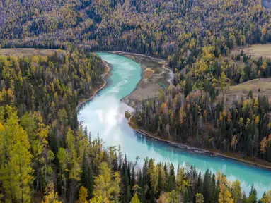 Foto dari udara yang diabadikan pada 28 September 2020 ini menunjukkan pemandangan musim gugur kawasan wisata Kanas di Altay, Daerah Otonom Uighur Xinjiang, China barat laut. (Xinhua/Sadat)