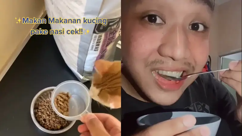 Seorang pria review makanan kucing pakai nasi.