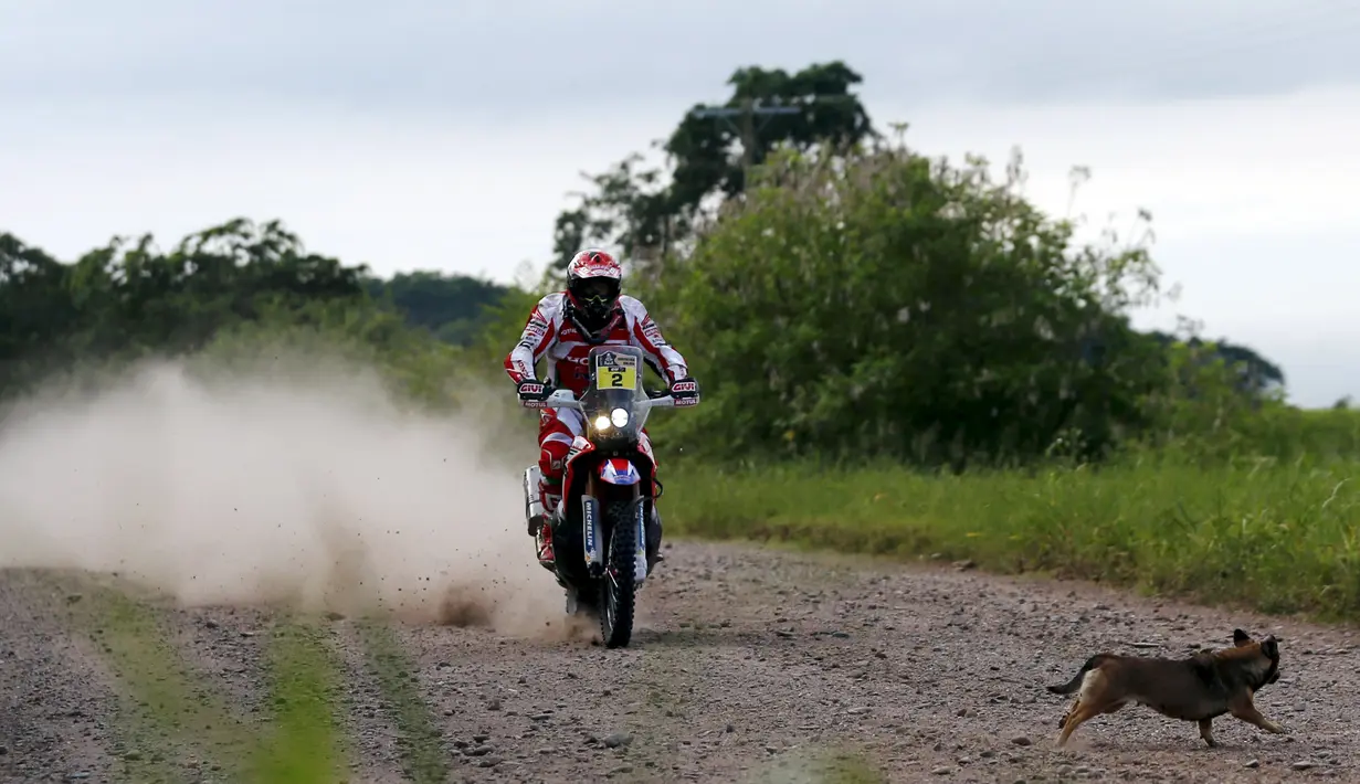 Seekor anjing melintasi jalan saat Paulo Goncalves dari Portugal mengendarai sepeda motor Honda selama tahap ketiga Termas de Rio Hondo-Jujuy di Dakar Rally 2016 di Tucuman, Argentina, (5/1/2016). (REUTERS/Marcos Brindicci)