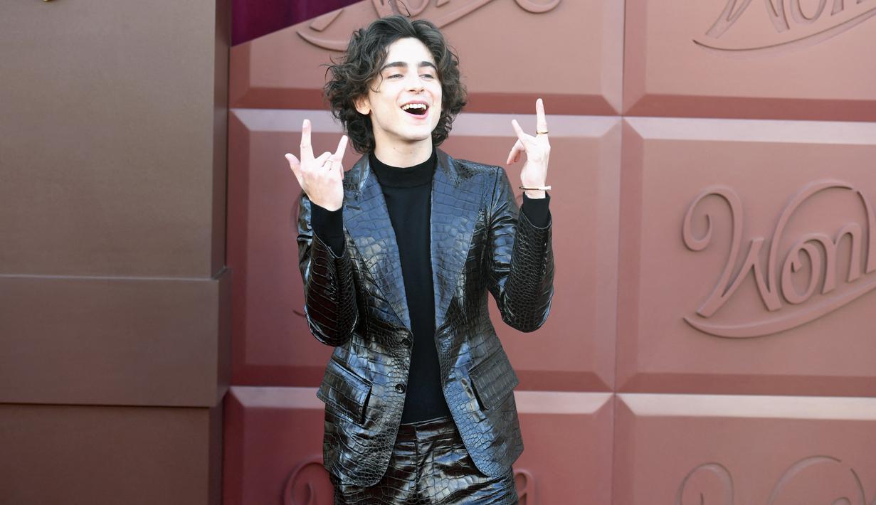 Aktor Timothee Chalamet menghadiri premiere film Wonka di Regency Village Theatre di Westwood, California, Minggu (10/12/2023). (JC Olivera/Getty Images/AFP)