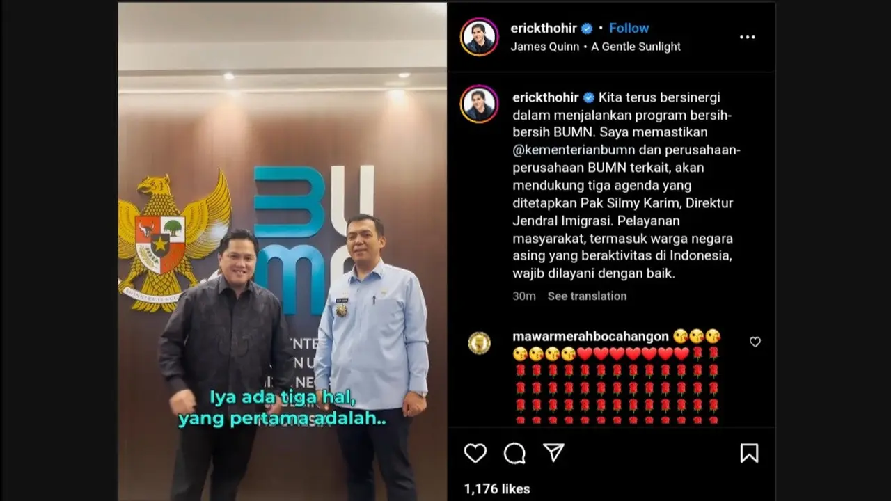 Menteri BUMN Erick Thohir bertemu dengan Direktur Jenderal Imigrasi Kemenkumham Silmy Karim.