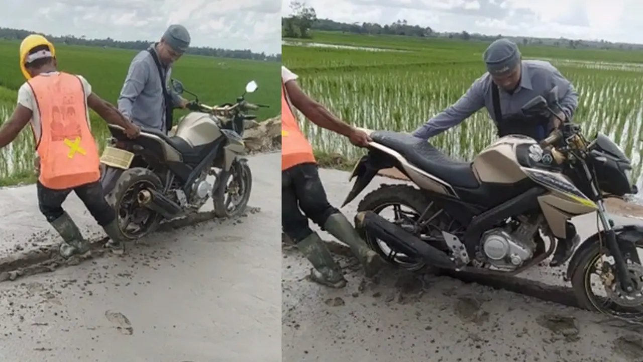 Pemotor nekat menerobos jalan cor masih basah (TikTok/@biyan2590)