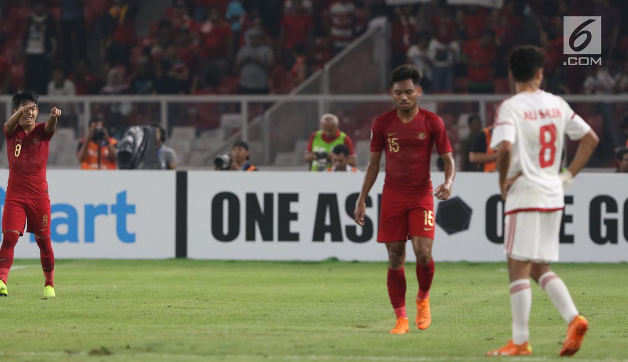 Pemain Timnas Indonesia U-19 Witan Sulaeman merayakan gol saat melawan Uni Emirat Arab U-19 pada penyisihan Grup A Piala AFC U-19 2018 di Stadion GBK, Jakarta, Rabu (24/10). Babak pertama, Indonesia unggul 1-0. (Liputan6.com/Helmi Fithriansyah)