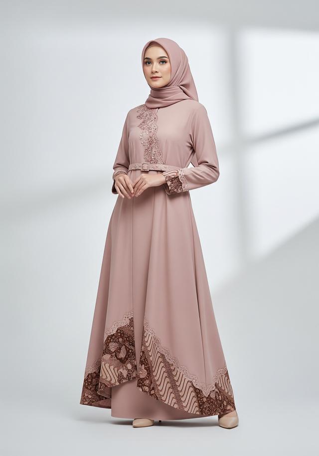 1. Gamis A-Line Minimalis dengan Aksen Batik dan Brokat Rose Gold