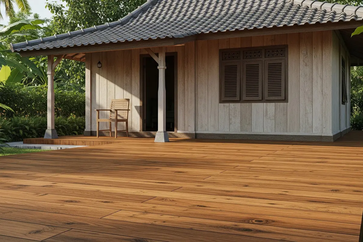 Perpaduan Lantai Teras Motif Kayu dengan Rumah Desa Sederhana