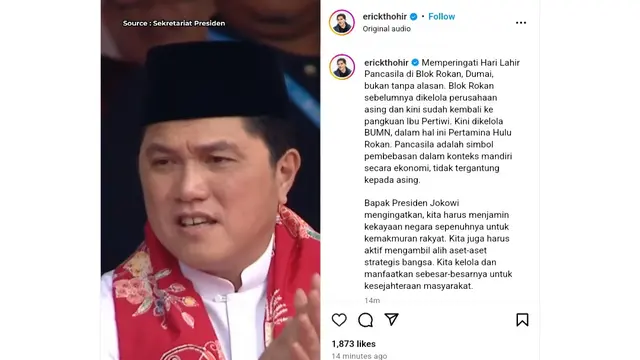 Unggahan Menteri BUMN Erick Thohir saat memperingati Hari Lahir Pancasila melalui akun Instagram @erickthohir, Sabtu (1/6/2024). (Arief/Liputan6.com)