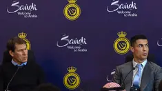 Pelatih Al-Nassr Rudi Garcia dan penyerang Cristiano Ronaldo menghadiri konferensi pers di Stadion Mrool Park di Riyadh, Arab Saudi pada 3 Januari 2023. (Photo by AFP)