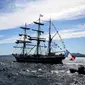 Kapal barque Belem tiga tiang dari abad ke-19 Prancis berlayar di dekat pantai Marseille, Laut Mediterania, pada tanggal 8 Mei 2024. (CHRISTOPHE SIMON/AFP)