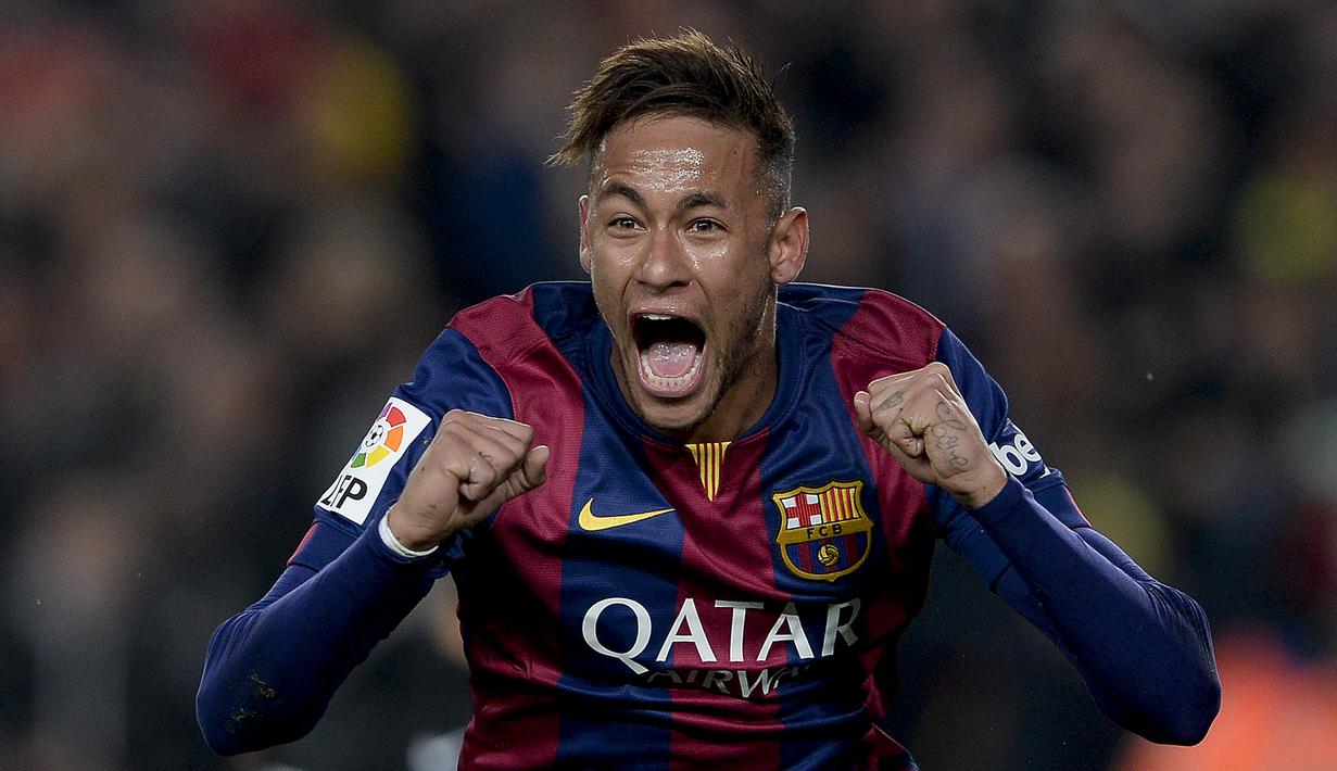 Neymar Junior saat melakukan selebrasi usai mencetak gol ke gawang Atletico Madrid dalam laga La Liga di stadion Camp Nou, Barcelona pada 11 Januari 2015. (AFP/Josep Lago)