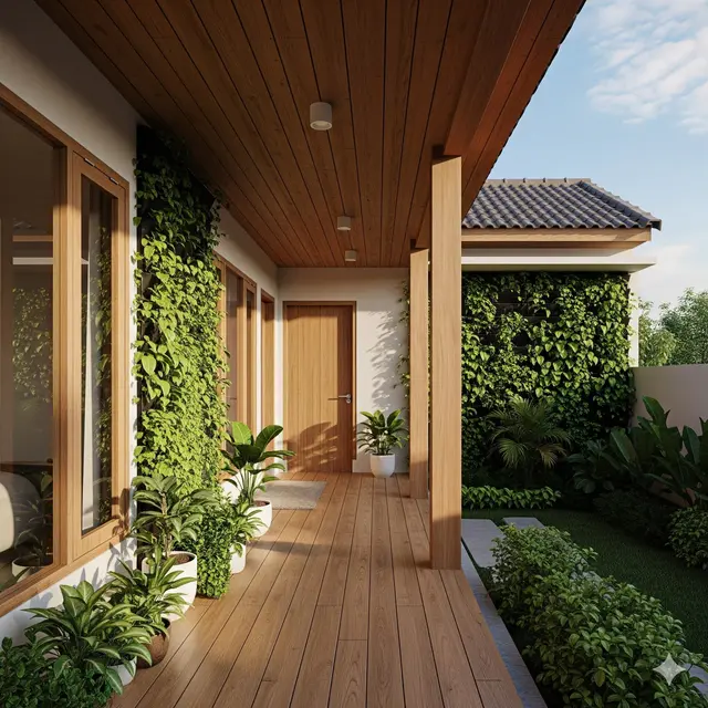 Teras Kayu dengan Taman Vertikal/Hijau