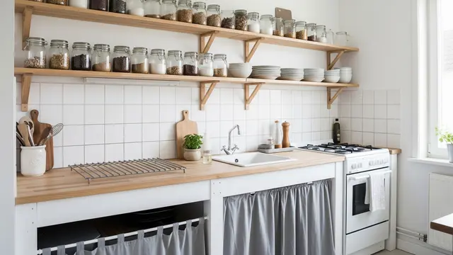 Dapur Scandinavian dengan Rak Kayu Terbuka dan Warna Putih