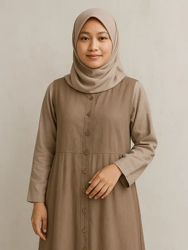 Gamis Rompi Linen Kombinasi Kancing Depan (Foto: Rizka Nur Laily via ChatGPT)