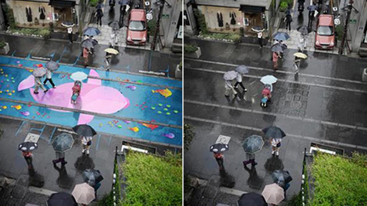 Unik, Gambar di Jalan Ini Hanya Muncul Ketika Hujan Turun