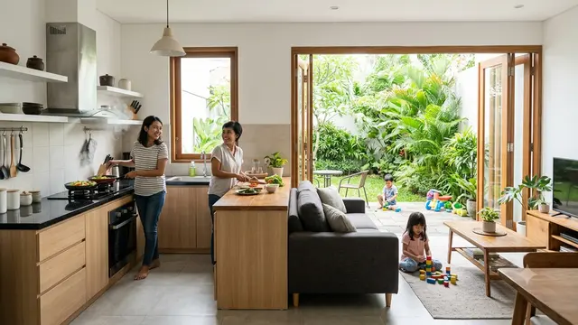 Dapur Tipe L Berkonsep Tanpa Sekat (Open Plan) ke Ruang Keluarga