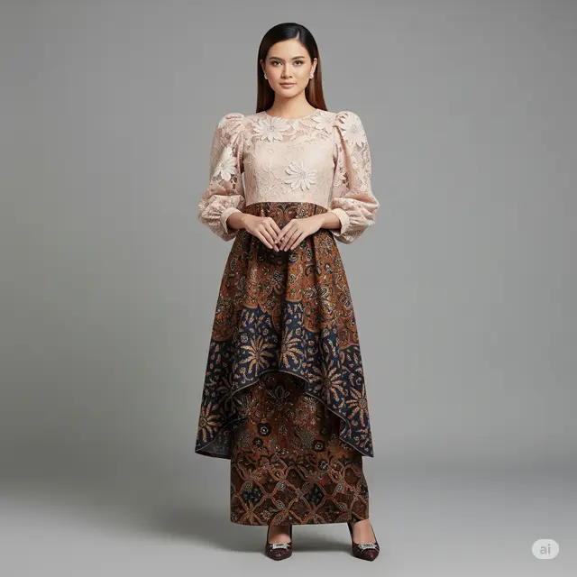 Inspirasi Dress Batik Brokat Tumpuk Dua Motif.