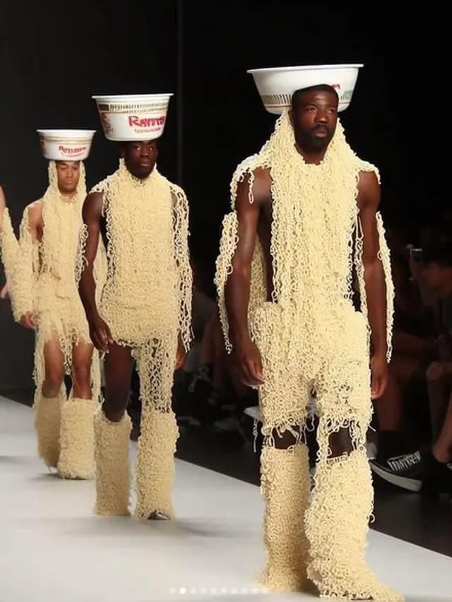 6 Editan Foto AI Jika Model Fashion Show Pakai Busana dari Mi instan, Unik Pol