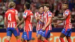 Penyerang Atletico Madrid, Julian Alvarez (kedua kanan) merayakan golnya pada pertandingan Liga Spanyol 2024/2025 melawan Valencia CF di stadion Metropolitano, Madrid pada 15 September 2024. (Pierre-Philippe MARCOU/AFP)
