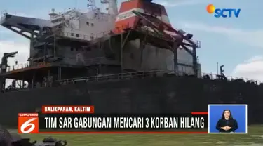 Tim SAR gabungan berupaya mencari tiga korban kebakaran kapal tanker yang terbakar di perairan Teluk Balikpapan, Kalimantan Timur.