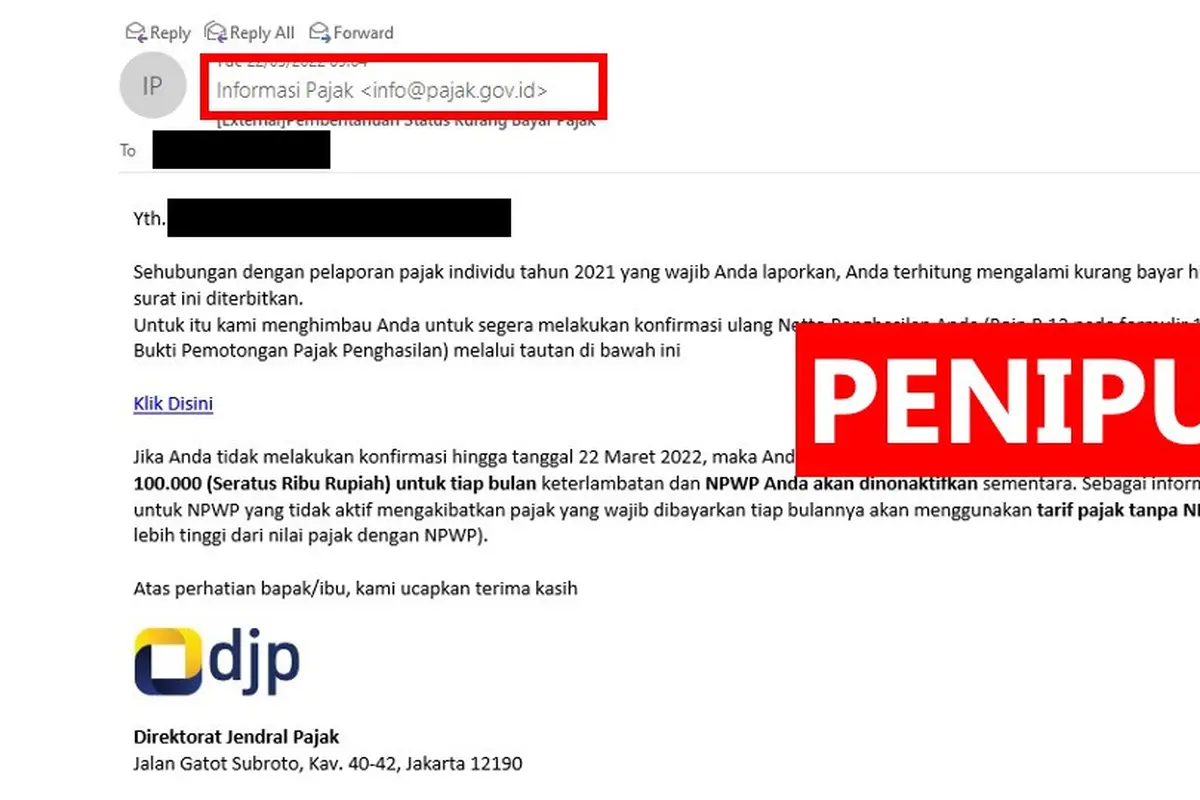Awas Penipuan Pajak Mengatasnamakan Dirjen Pajak Via Email, Ini Modusnya!