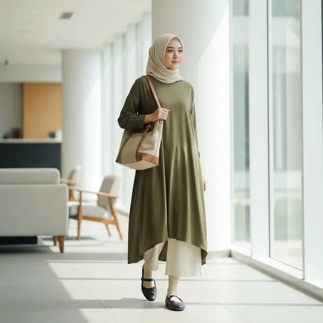Outfit Minimalis Gamis untuk ke Kantor dan Acara Santai (Image by Gemini AI)