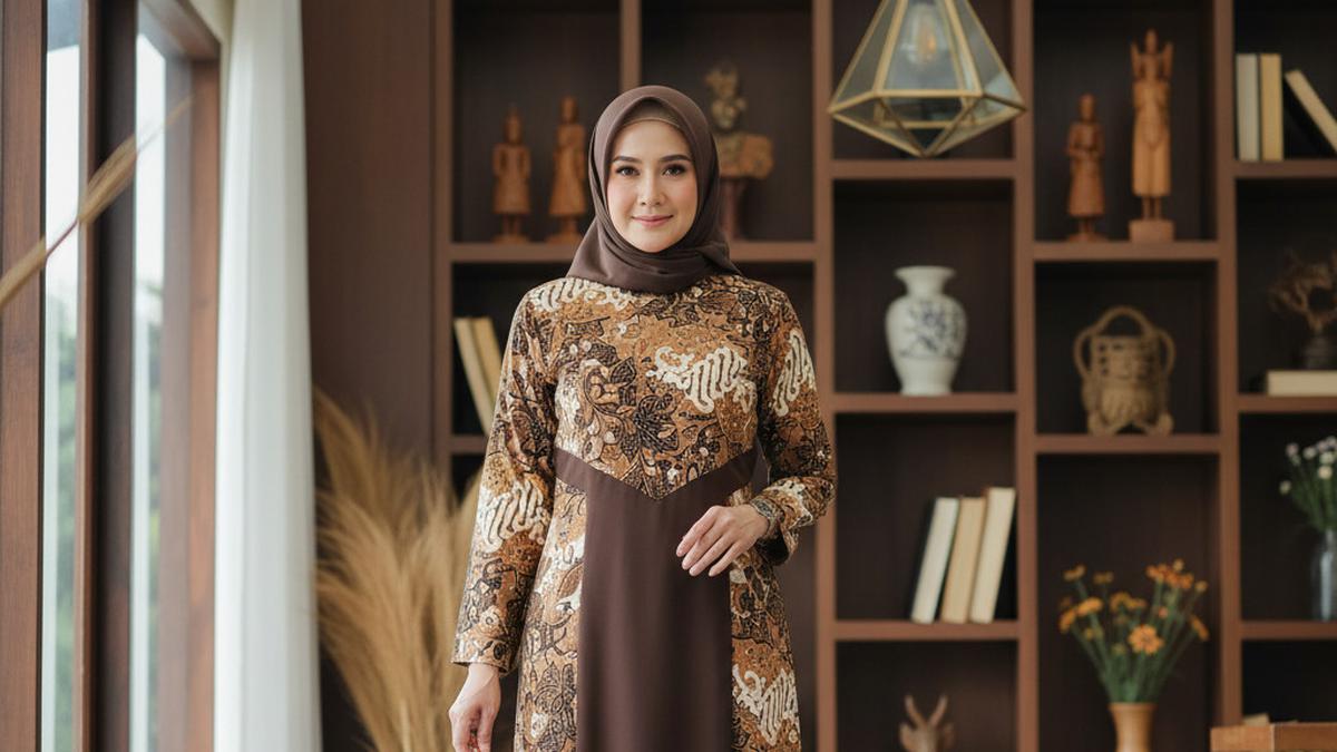 7 Model Gamis Batik Ibu-Ibu Umur 50 Tahun Kombinasi Kain Polos Warna Gelap