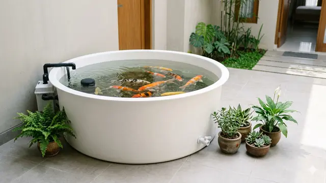 Desain Kolam Ikan Portabel Fiberglass untuk Rumah Kontrak. Gemini
