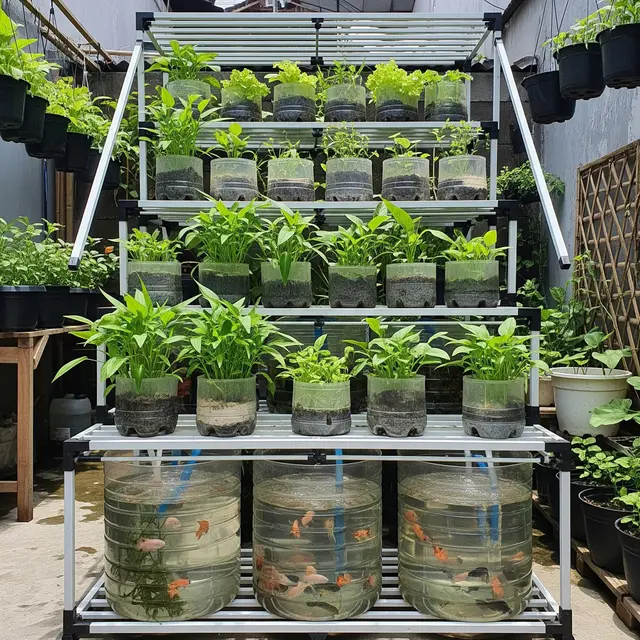 Inspirasi Urban Farming dengan Kombinasi Galon Ikan dan Sayuran Gantung (AI)