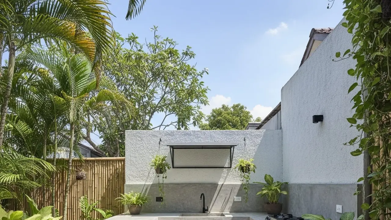 Inspirasi Dapur Outdoor Lahan Sempit dengan Meja Cor Minimalis