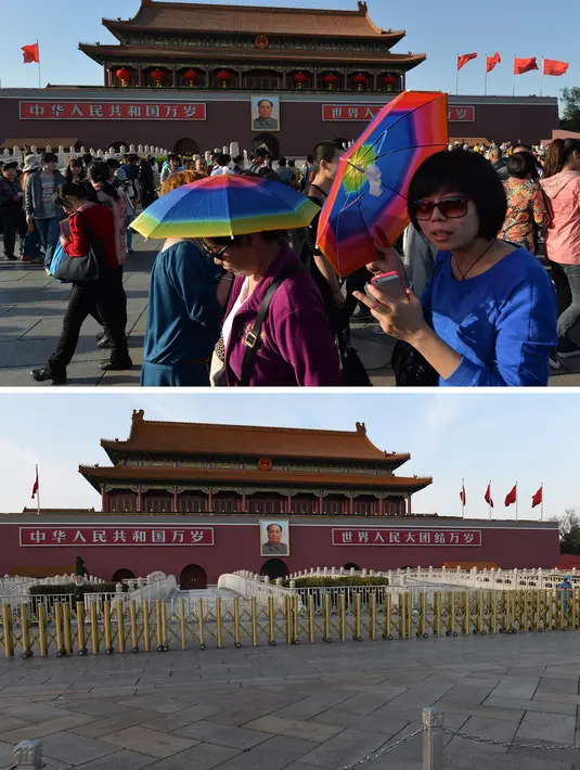 Wisatawan berjalan melewati potret almarhum pemimpin komunis Mao Zedong di Lapangan Tiananmen di Beijing pada 29 April 2013 (atas) dan pemandangan umum area yang sama di Beijing pada 7 Maret 2020. (Greg Baker, Mark RALSTON/AFP)