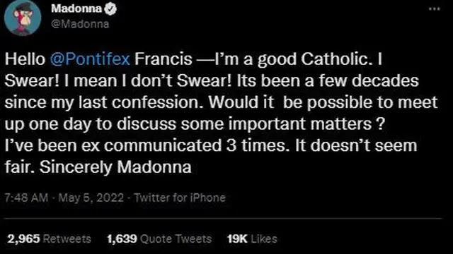 Madonna Ingin bertemu Paus Fransiskus. (Twitter/ Madonna)