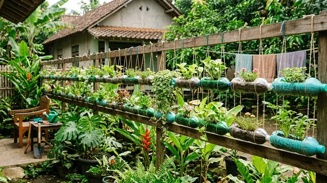 Desain Kebun Mini di Pagar Rumah Pakai Botol Plastik (AI Generated)