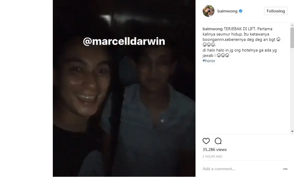 Baim Wong terjebak dalam lift bareng Marcell Darwin (Foto: Instagram)
