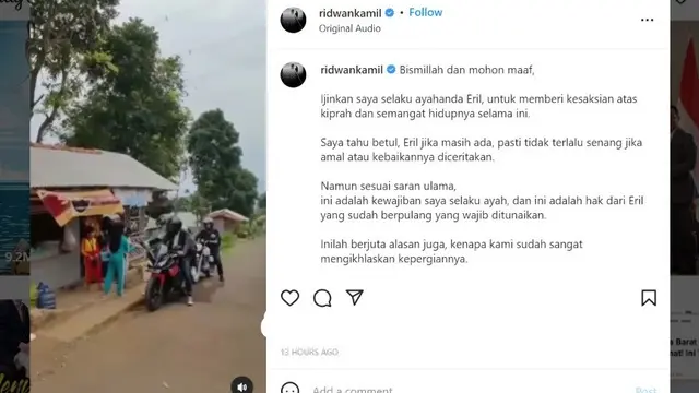 Gubernur Jawa Barat Ridwan Kamil menulis pesan haru sampaikan kebaikan sang anak, Emmeril Kahn Mumtadz atau Eril semasa hidup.