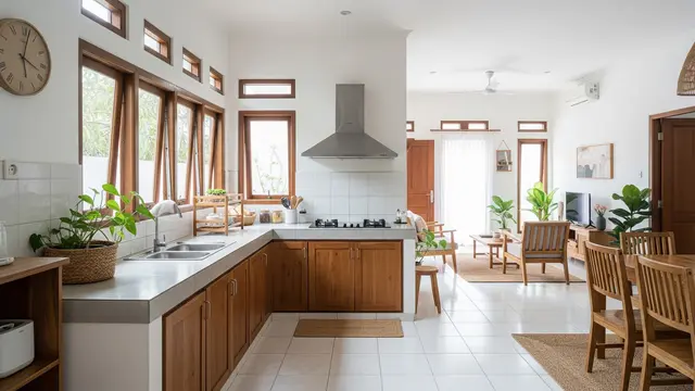 Inspirasi Rumah Type 45 dengan Dapur Terbuka Anti Asap dan Bau yang Bikin Sehat Penghuninya Model Pemilihan Material Alami yang Mudah Dibersihkan