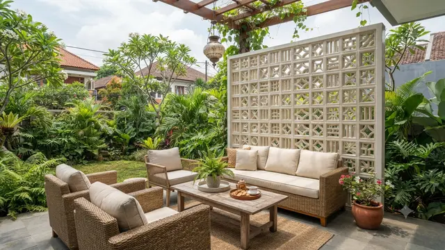 Outdoor Lounge Menggunakan Roster sebagai Dinding Privasi dengan Estetika Terbuka Tapi aman Model Keramik untuk Kilau Estetik