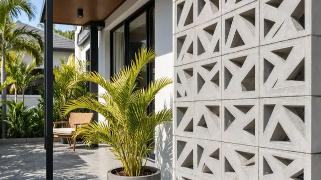 Teras Bergaya Tropis Modern dengan Roster Beton Motif Geometris