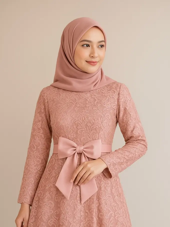 Gamis Brokat Princess dengan Detail Pita Manis