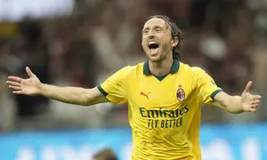 Selebrasi gol Luka Modric pada laga AC Milan vs Bologna pada pekan ke-4 Serie A 2025/2026 di San Siro -&nbsp;AP Photo/Luca Bruno