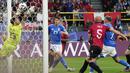 Pemain Italia, Alessandro Bastoni, mencetak gol ke gawang Albania dalam laga perdana Grup B Euro 2024 di Stadion Signal Iduna Park, Dortmund, Minggu (16/6/2024). (AP/Martin Meissner)