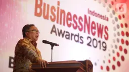 Menristek dan Kepala Badan Riset Inovasi Nasional Bambang Brodjonegoro memberi sambutan pada acara Indonesia BusinessNews Award 2019 di Jakarta, Rabu (6/11/2019). Sebanyak 37 perusahaan meraih penghargaan Indonesia BusinessNews Award 2019. (Liputan6.com/Faizal Fanani)