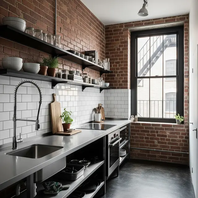 Dapur Rumah Kecil dengan Kombinasi Bata Ekspos dan Rak Besi Hitam