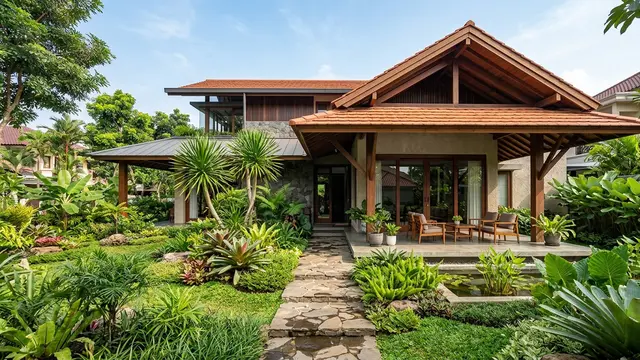 Rumah Tropis dengan Teritisan Lebar dan Taman Depan (AI Generated)