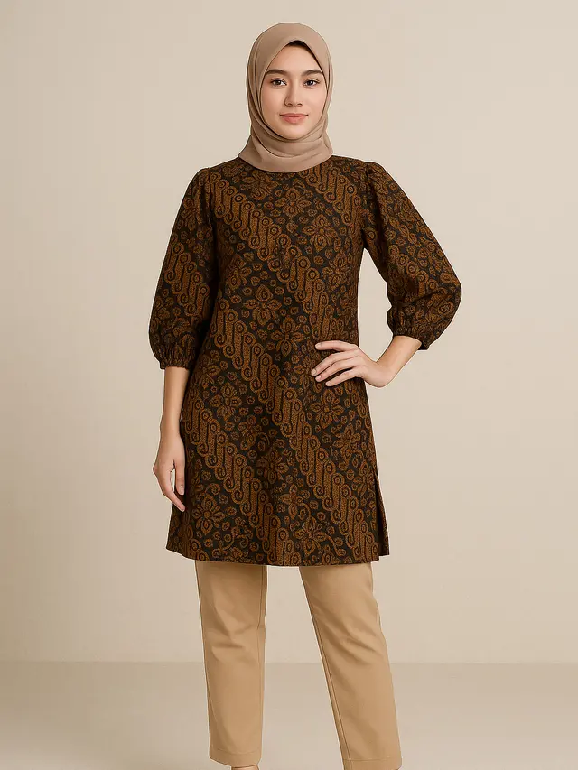 Tunik Batik Katun Belah Samping Lengan Puff