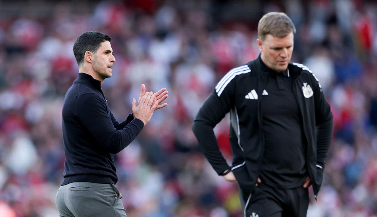 Skuad asuhan Mikel Arteta meraih kemenangan penting saat menjamu Newcastle United dalam lanjutan Premier League, Sabtu (26/4/2026) malam WIB. Bermain di Emirates Stadium, The Gunners menang tipis 1-0. (AP Photo/Ian Walton)
