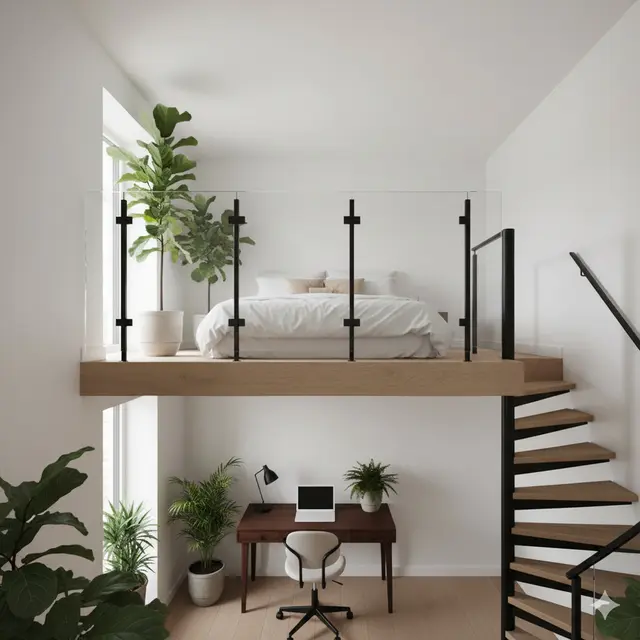 Mezzanine dengan Tangga Spiral Hemat Tempat
