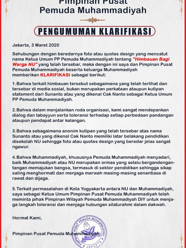Klarifikasi Pimpinan Pusat Pemuda Muhammadiyah
