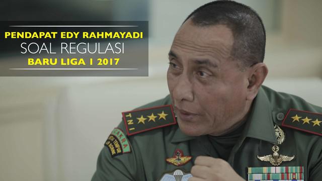 Ketua Umum PSSI, Edy Rahmayadi memberikan penjelasan soal regulasi baru di Liga 1 saat diwawancara Bola.com di Makostrad.